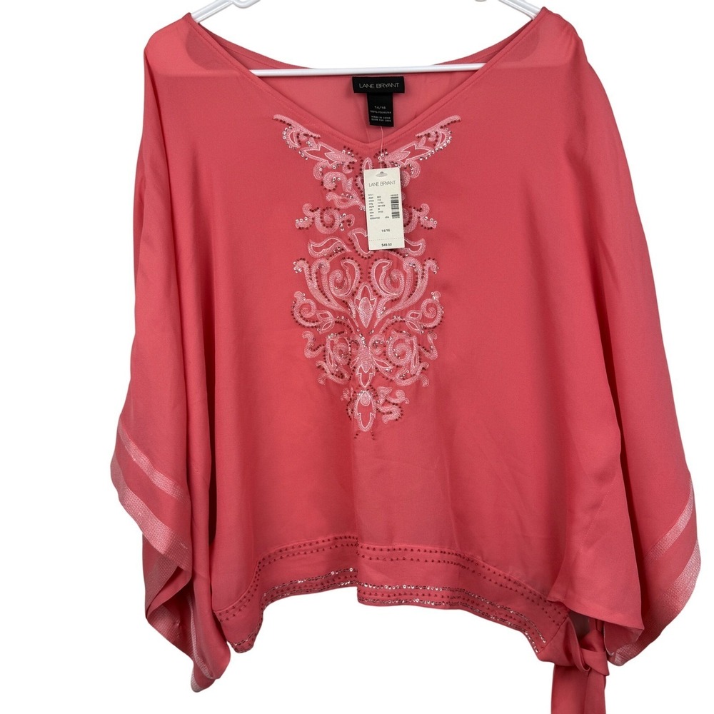 Lane Bryant Poncho Blouse Women 14/16 Coral Pink Embroidered Sequin Boho Top NWT